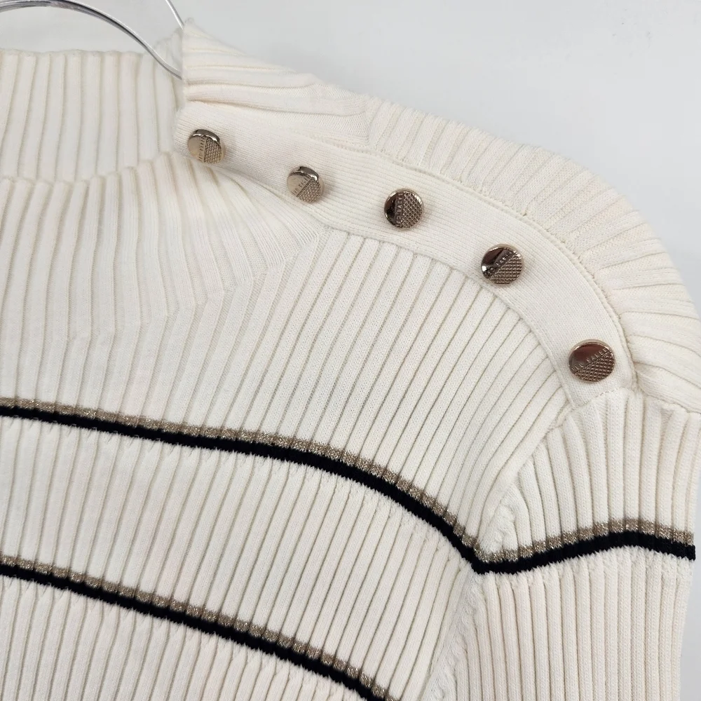 Ted Baker London Wanada Stripe Mock Neck Sweater Womens Size 6 White Metallic